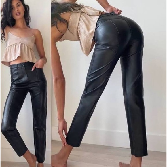 Aritzia Wilfred Rebel High Rise Vegan Leather Straight Leg Black Pants Size 2 26 - Picture 3 of 15